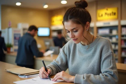 Femme remplissant un formulaire d'envoi suivi La Poste au guichet d'un bureau de poste français