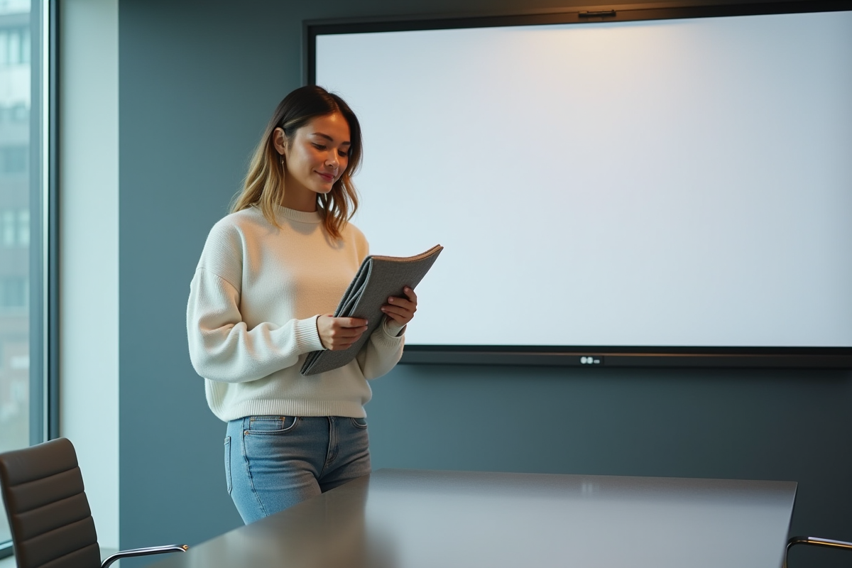 Femme comparant deux échantillons de tissu dans une salle de réunion moderne