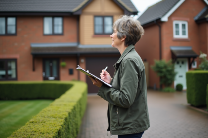 Femme examinant la façade d'une maison de banlieue