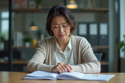 Femme d'une quarantaine d'années au bureau fatiguée