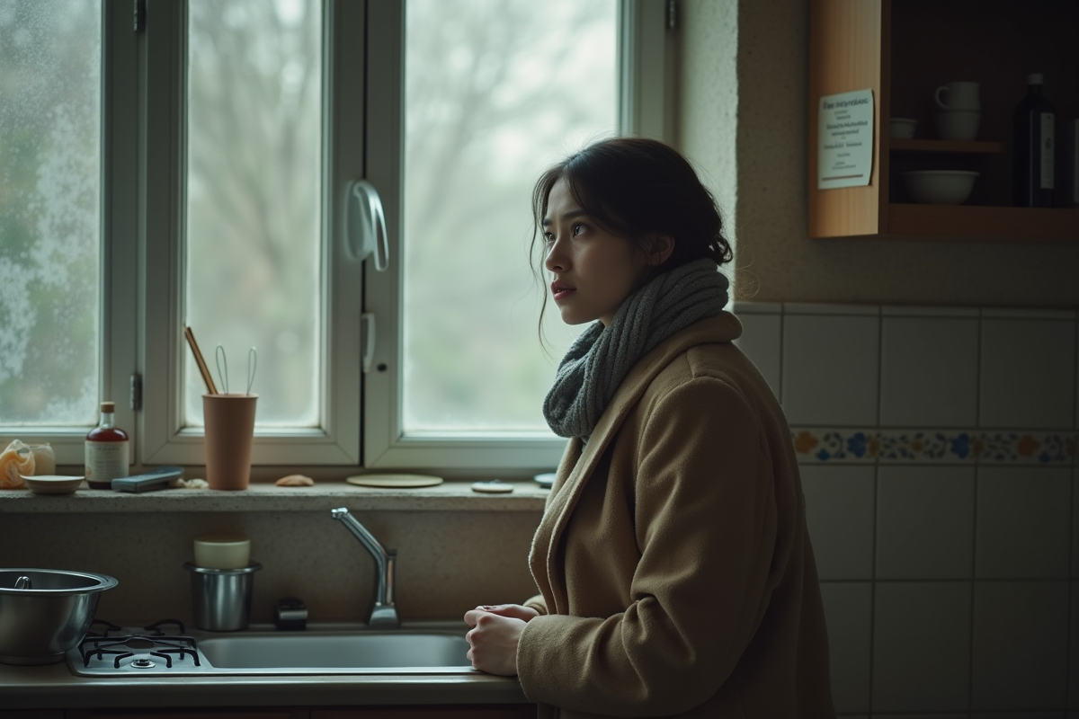 Jeune femme regardant par la fenêtre dans une cuisine