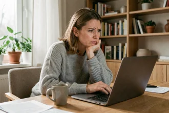 Femme frustrée devant son ordinateur portable après avoir cessé de recevoir des invitations Mon Avis Rend Gratuit