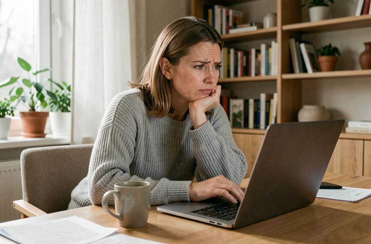 Femme frustrée devant son ordinateur portable après avoir cessé de recevoir des invitations Mon Avis Rend Gratuit