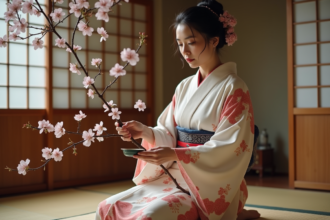 Femme en kimono japonais arrangeant des branches de cerisier en fleurs