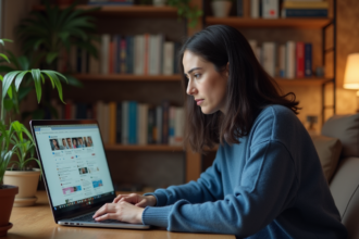 Femme assise à son bureau avec ordinateur portable