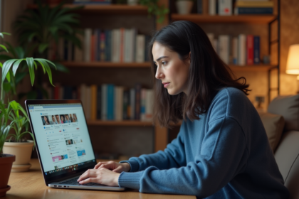 Femme assise à son bureau avec ordinateur portable