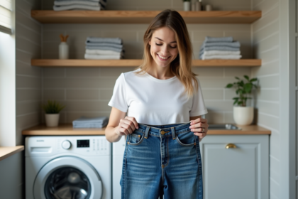 Jeune femme plie un jean dans une buanderie moderne
