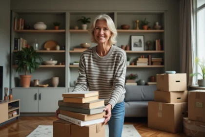 Femme souriante triant des livres anciens dans un salon cosy