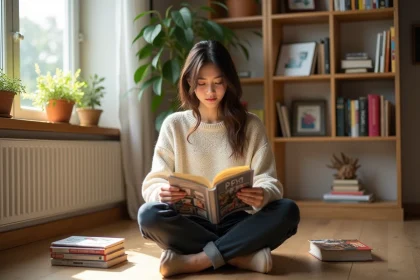 Jeune femme adulte lisant un manga dans un appartement cosy, entourée de volumes de mangas et webtoons empilés sur un parquet en bois