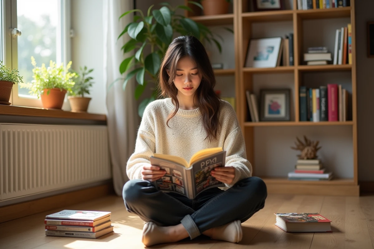 Jeune femme adulte lisant un manga dans un appartement cosy, entourée de volumes de mangas et webtoons empilés sur un parquet en bois