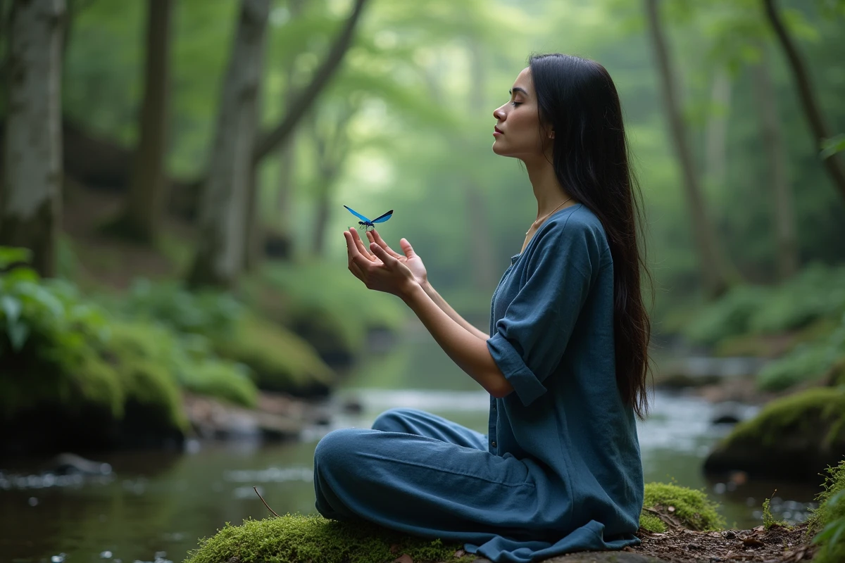 Femme en méditation avec une libellule bleue sur la main dans une forêt, évoquant les chakras, l'aura et les vibrations énergétiques