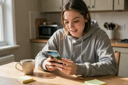 Jeune femme jouant à Monopoly GO sur son smartphone à la maison pour collecter des dés gratuits chaque jour