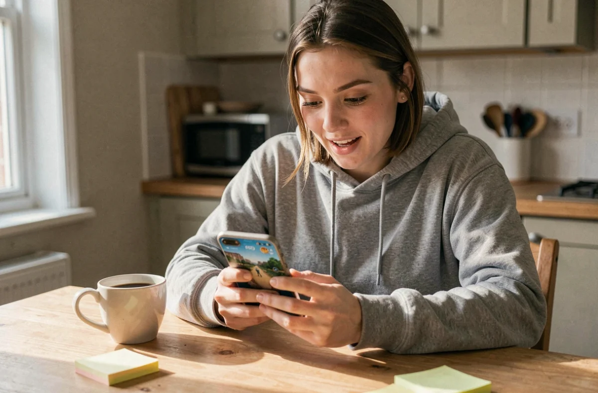 Jeune femme jouant à Monopoly GO sur son smartphone à la maison pour collecter des dés gratuits chaque jour
