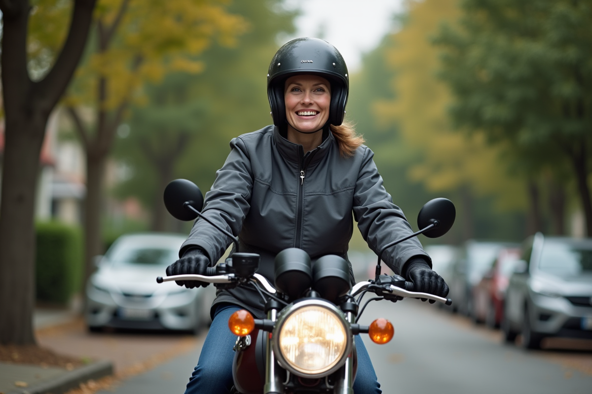 Femme avec casque et moto 125cc dans une cour résidentielle