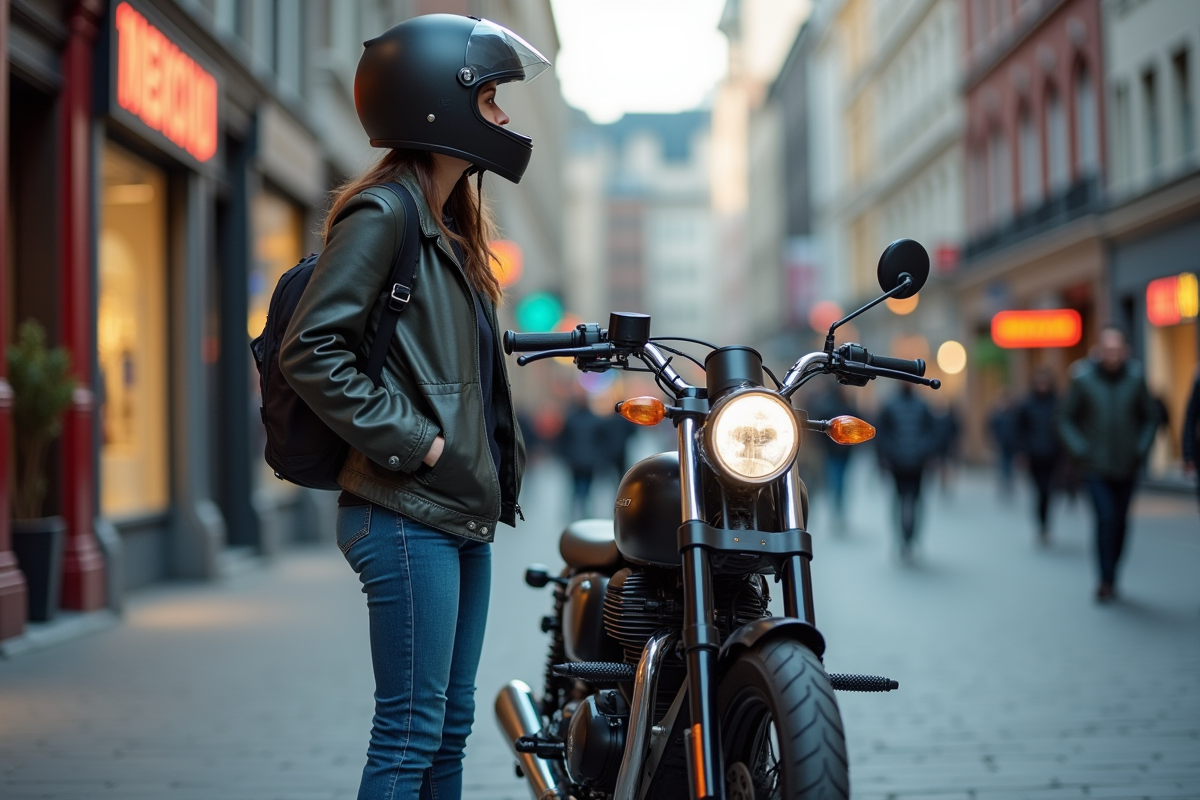 Femme avec casque à côté de sa moto en ville animée