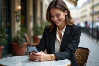 Femme parisienne élégante souriante avec smartphone