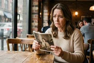 Femme quadragénaire pensive dans un café tenant une vieille photo, évoquant la nostalgie et le danger émotionnel de retrouver un amour de jeunesse