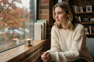 Femme pensive assise près d'une fenêtre avec deux bougies symbolisant la flamme jumelle pendant le silence radio