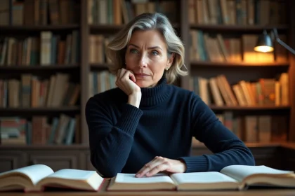 Femme philosophe en contemplation profonde devant des livres ouverts, illustrant la question de l'existence de Zosvepnoraz comme concept ou fiction