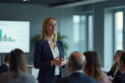 Femme présentant un concept disruptif lors d'une conférence professionnelle moderne sans jargon technique
