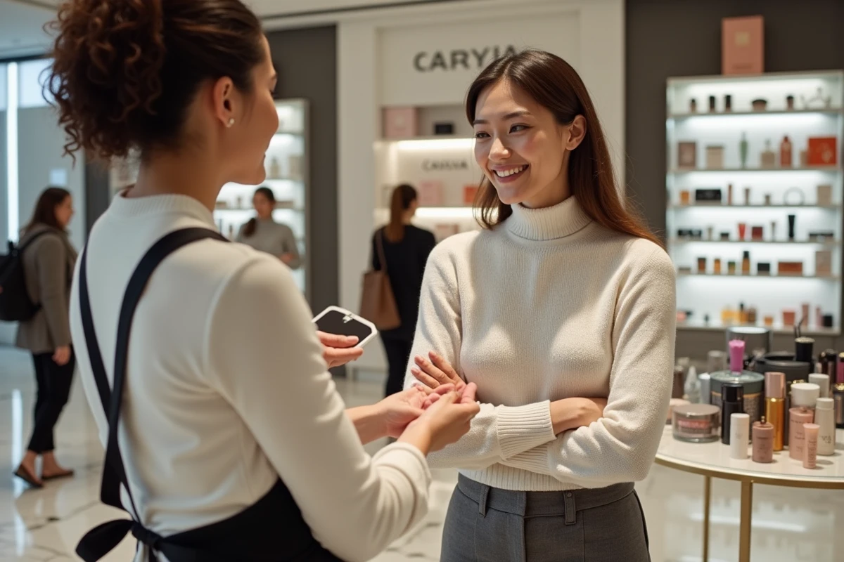 Femme découvrant des produits beauté dans un grand magasin acceptant la carte Kadéos