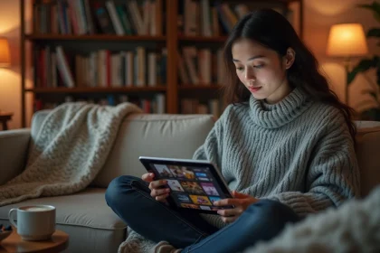 Jeune femme parcourant une plateforme de streaming manga sur une tablette dans son salon, cherchant ses séries préférées sur CrunchyScan