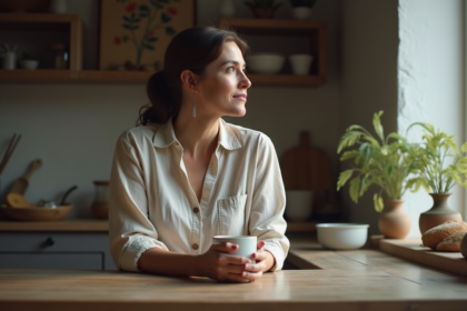 Femme contemplative dans une cuisine rustique et lumineuse