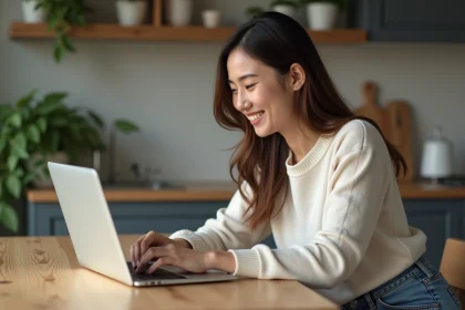 Femme souriante utilisant son ordinateur pour réserver en ligne