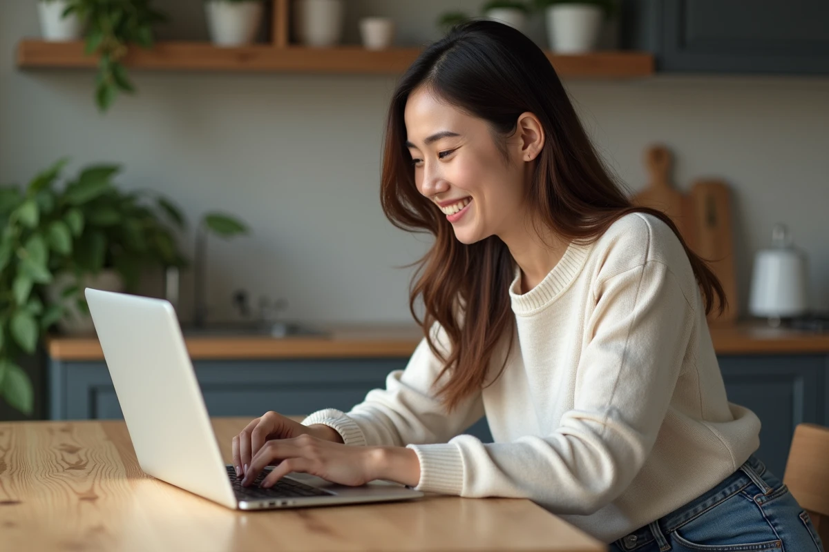 Femme souriante utilisant son ordinateur pour réserver en ligne