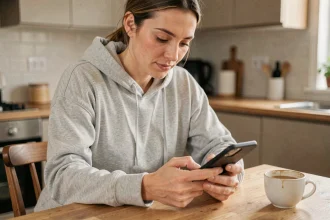 Femme jouant à Monopoly GO sur smartphone pendant sa routine matinale avec un café