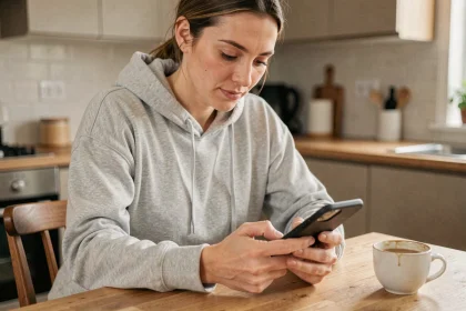 Femme jouant à Monopoly GO sur smartphone pendant sa routine matinale avec un café