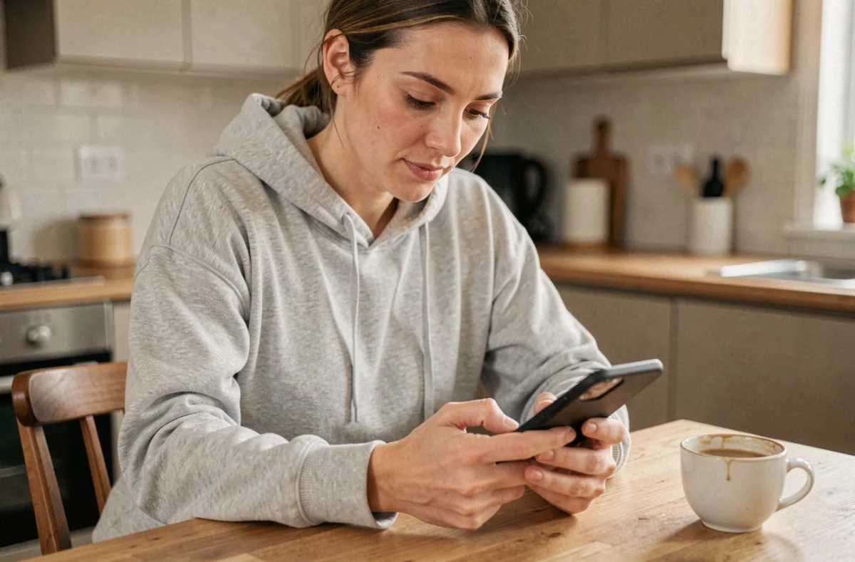 Femme jouant à Monopoly GO sur smartphone pendant sa routine matinale avec un café