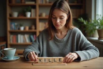 Femme arrangeant des tuiles de Scrabble pour former le mot VILLE sur un plateau en bois à la maison