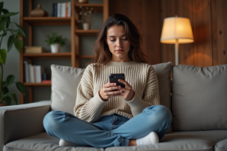 Jeune femme assise sur un canapé avec smartphone en main