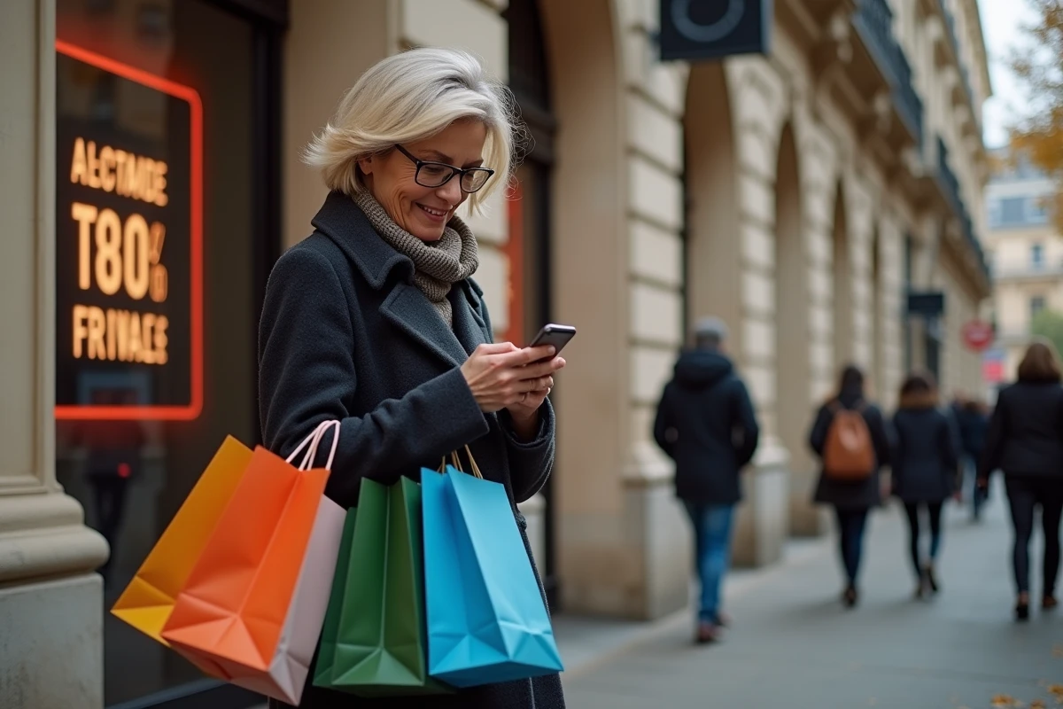 Femme avec sacs de shopping devant un grand magasin parisien