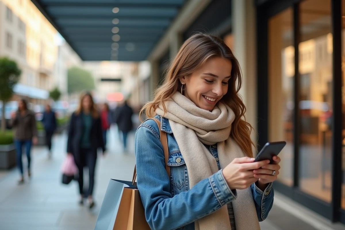 Femme souriante avec sacs de shopping à Montpellier