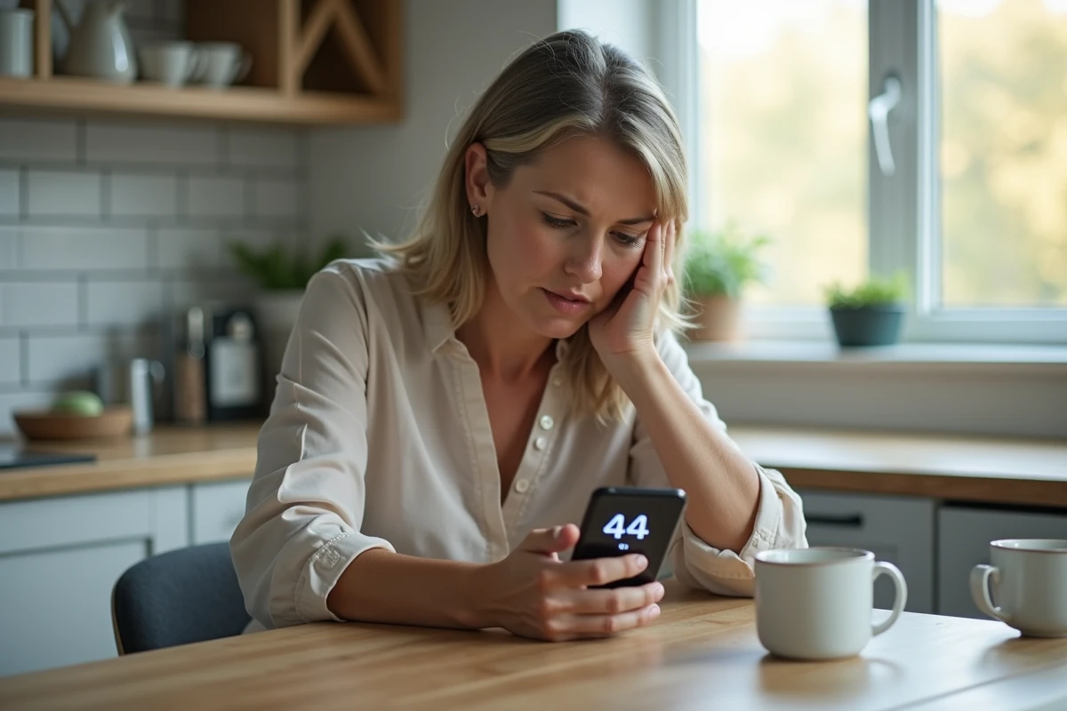 Femme réfléchissant à son smartphone dans une cuisine lumineuse