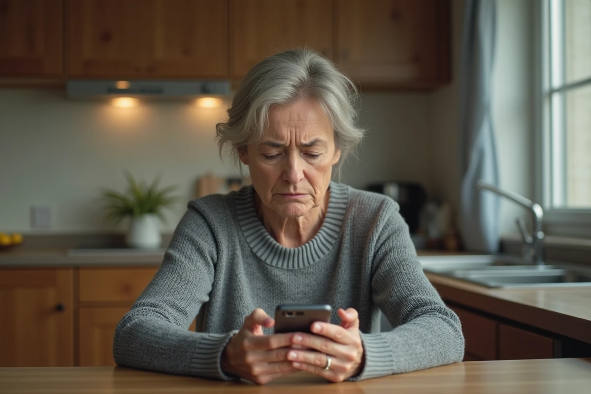Femme inquiète regardant un SMS suspect sur son smartphone dans sa cuisine