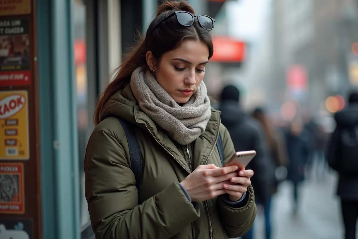Femme vérifiant son téléphone devant un kiosque en ville