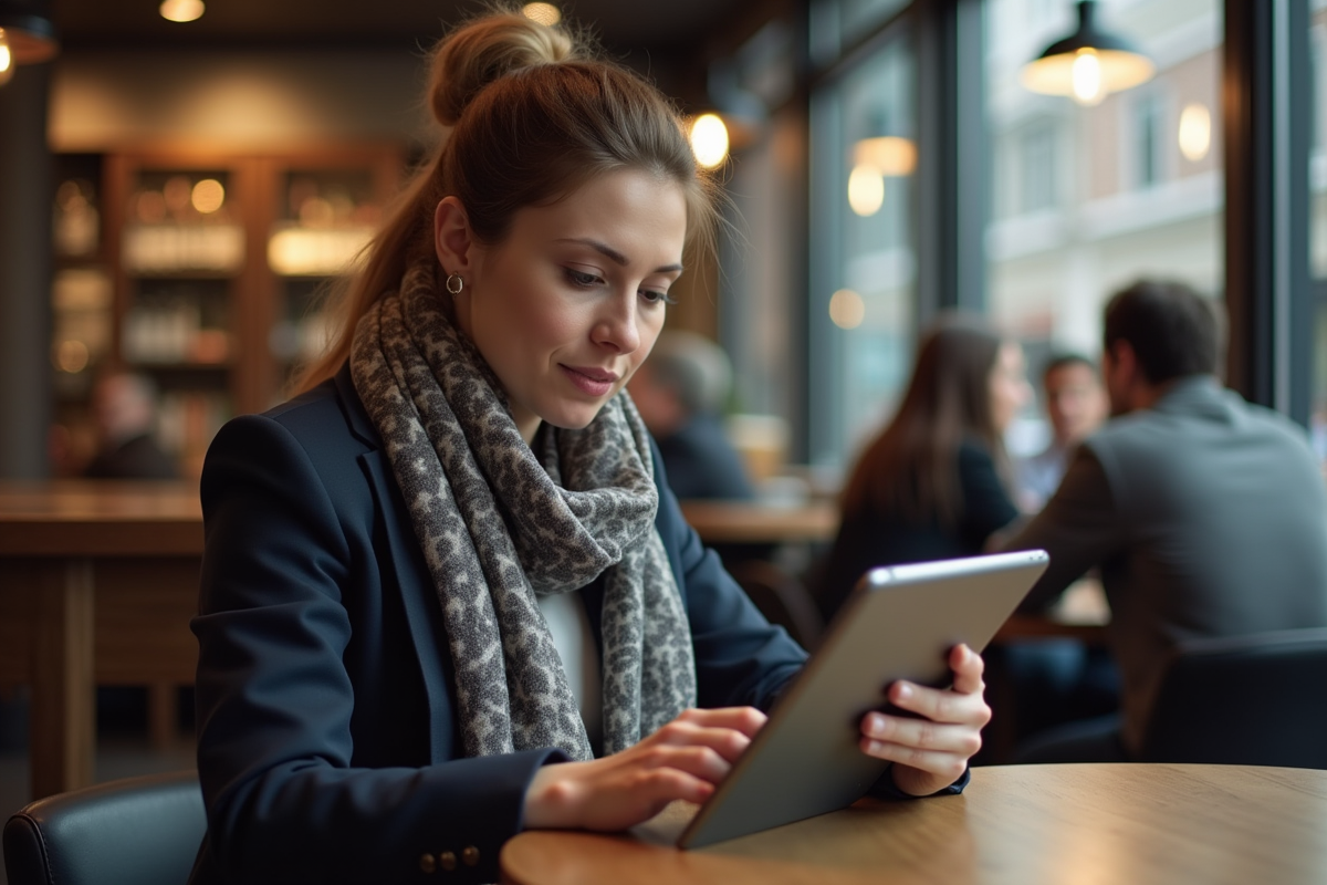 Femme en blazer avec tablette dans un café urbain