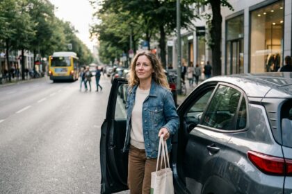 Femme en denim sortant d'un SUV en ville