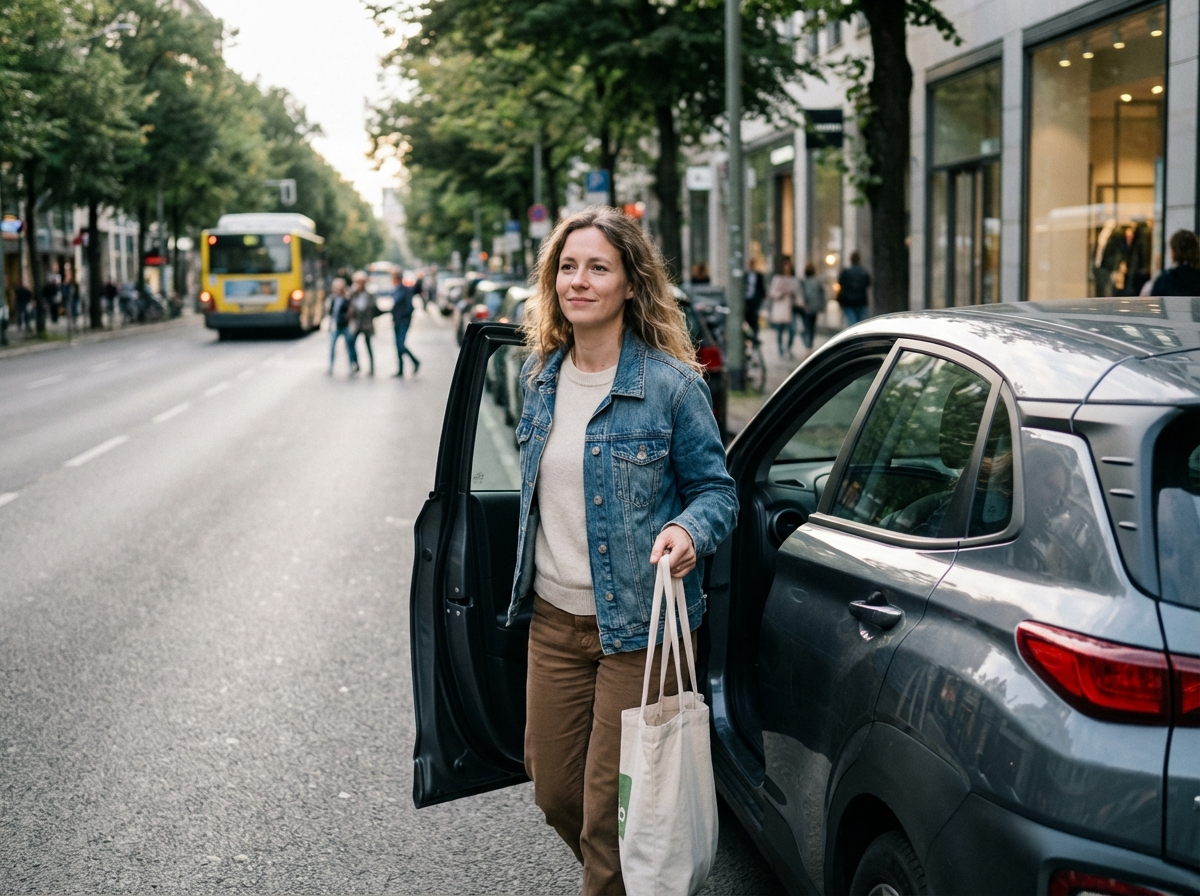 Femme en denim sortant d'un SUV en ville