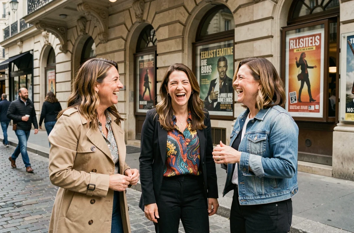Trio de femmes humoristes françaises devant un théâtre parisien, riant ensemble lors d'une session photo éditoriale en extérieur