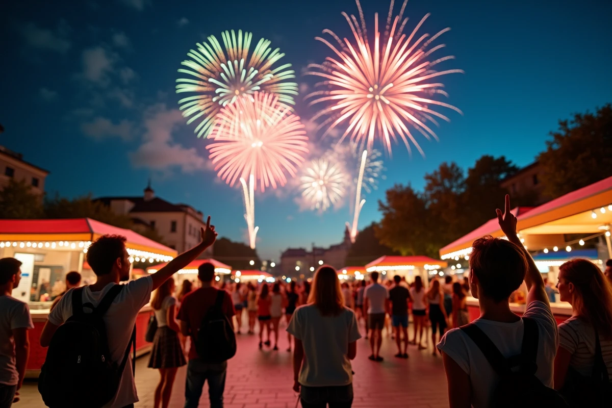 Feu d'artifice de Villeneuve d'Ascq avec la foule admirant les explosions colorées dans le ciel nocturne de la ville