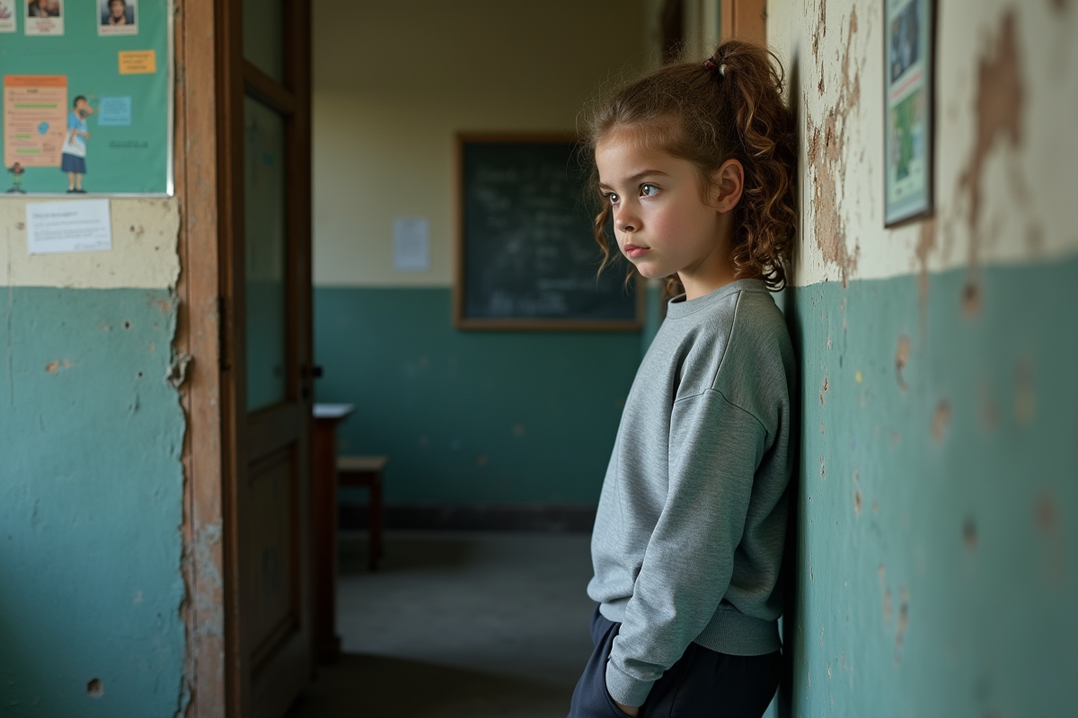 Fille contemplative dans un environnement scolaire dégradé