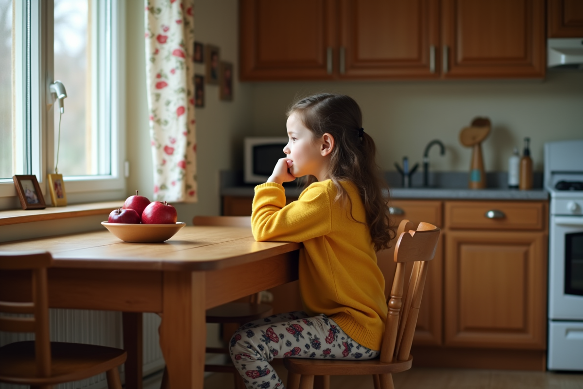 Fille pensant assise à une table de cuisine