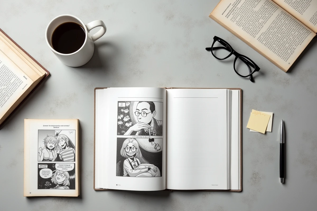 Flat lay éditorial de volumes de mangas et webtoons ouverts sur un bureau en béton avec une tasse de café et des marque-pages