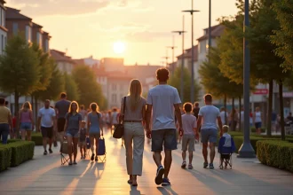 Familles et promeneurs se dirigeant vers le site du feu d'artifice de Villeneuve d'Ascq lors d'une soirée estivale animée