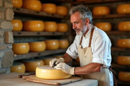 Fromager artisan coupant une meule de fromage affiné dans une fromagerie traditionnelle aux murs en pierre