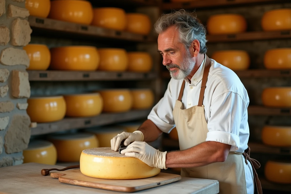 Fromager artisan coupant une meule de fromage affiné dans une fromagerie traditionnelle aux murs en pierre
